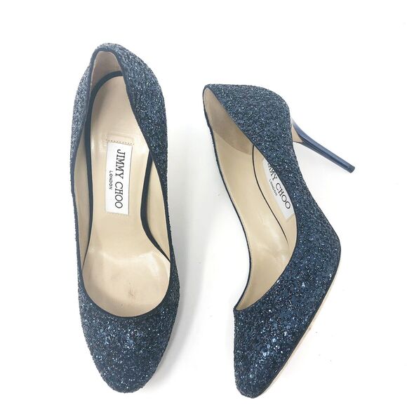 Jimmy Choo Esme 85 Blue Glitter Heels Size 36.5 | Round Toe Party Pumps - Picture 1 of 11